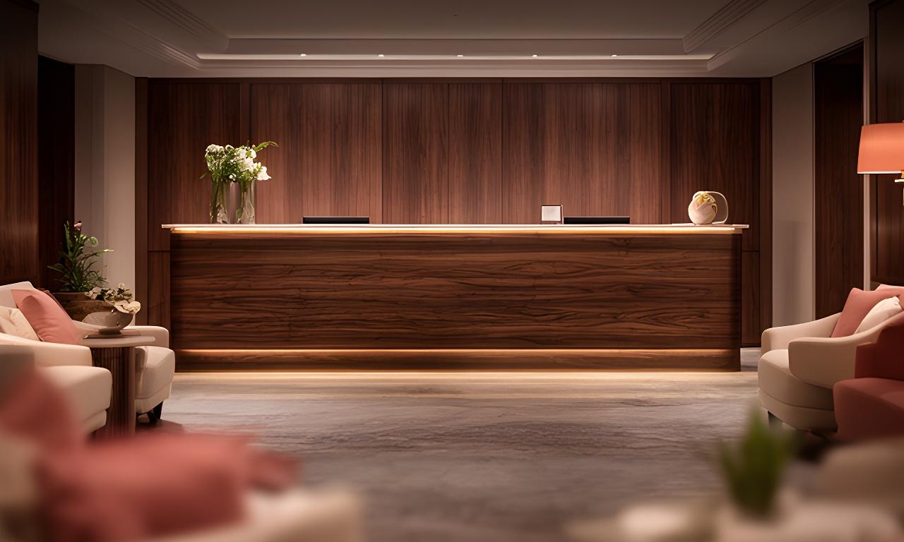 Hotel-Lobby mit Empfangstheke aus Nussbaum, weichen Stoffen und gedämpftem Licht