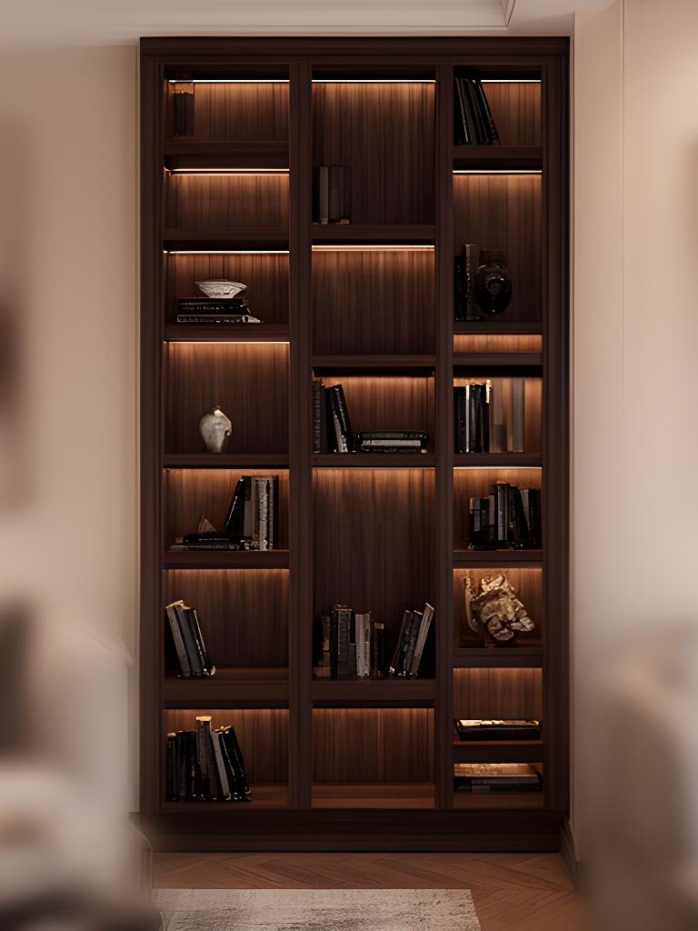 Massgefertigte Bibliothek mit dunklen Holzregalen in einer Altbauwohnung im Kreis 5