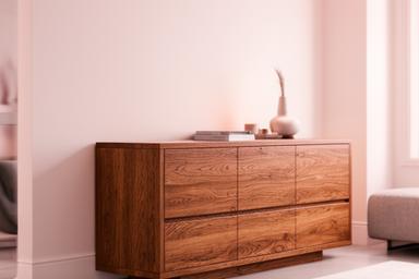 Breites Sideboard aus Eiche in einem modernen Wohnraum mit sanftem Licht