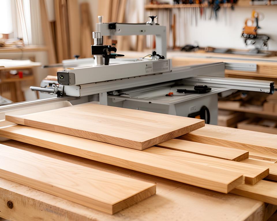Helle Holzwerkstatt mit präzisen Maschinen, natürlichen Holzplatten und einem sorgfältig vorbereiteten Arbeitstisch in Zürich