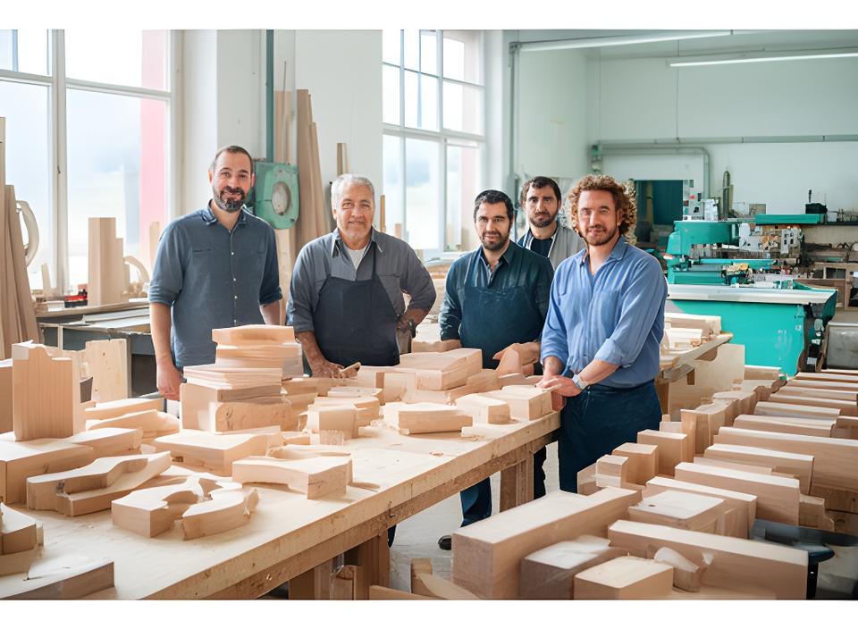 Team in einer hellen Zürcher Werkstatt mit zugeschnittenen Holzteilen und natürlichem Tageslicht