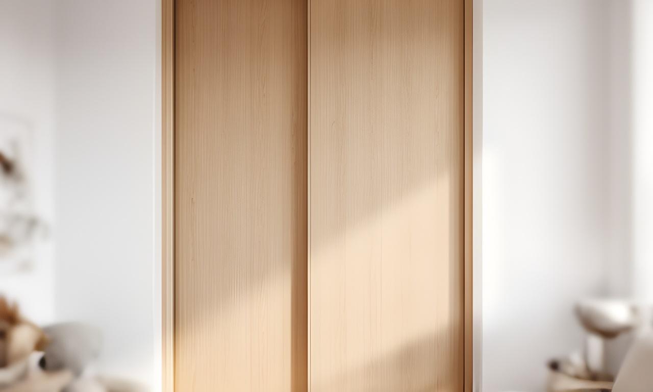 Einbauschrank mit Schiebetüren aus hellem Holz in einem aufgeräumten Schlafzimmer