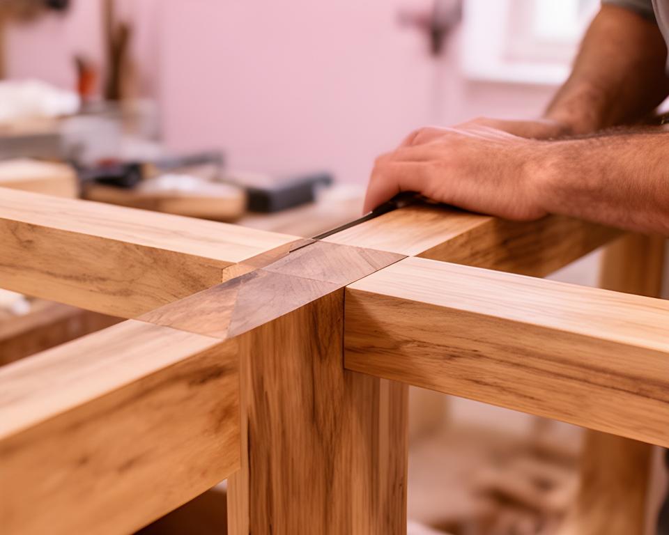 Handwerkliches Detail einer präzisen Holzverbindung in einer Zürcher Werkstatt mit warmem Licht