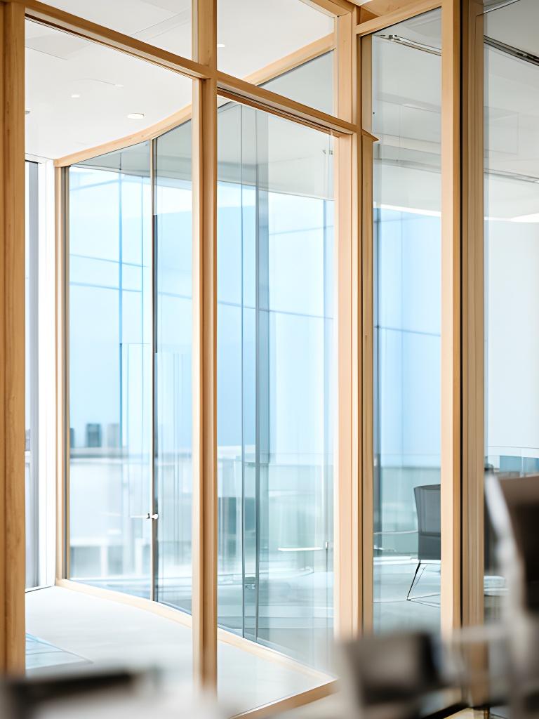 Elegante Fensterfront aus Holz und Glas in einem hellen Büro nahe der ETH Zürich